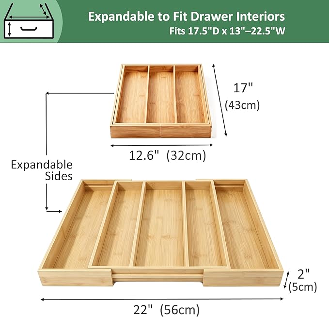 Utoplike Bamboo Expandable Kitchen Drawer Organizer Silverware Utensil Tray | Cutlery Holder, Drawers Divider for Large Utensils, Flatware, Knives, Spatulas in Kitchen, Office, Adjustable 3-5 Slots