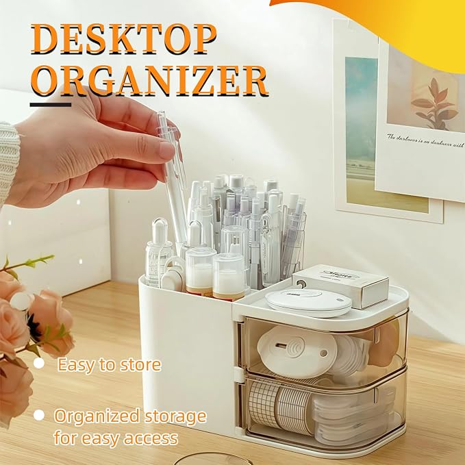 Desk Organizer with 3 Compartments and 2 Drawers, Multi-Functional Pencil Holder for Desk Organizers and Accessories for School, Home, Office Supplies, ‎6.89" x3.54" x 3.62''