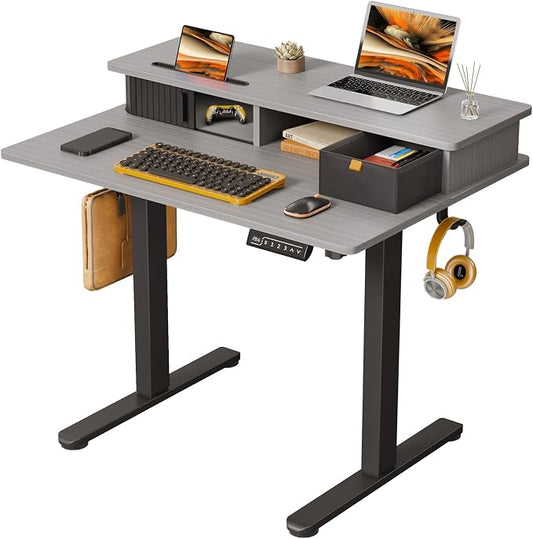 JOY worker 35" Electric Standing Desk Height Adjustable with Storage Shelf | Grey 35" x 25" Height Adjustable Desk for Small Space, Shutter Door & Drawer, Sit Stand Table with 2 Hooks for Home Office