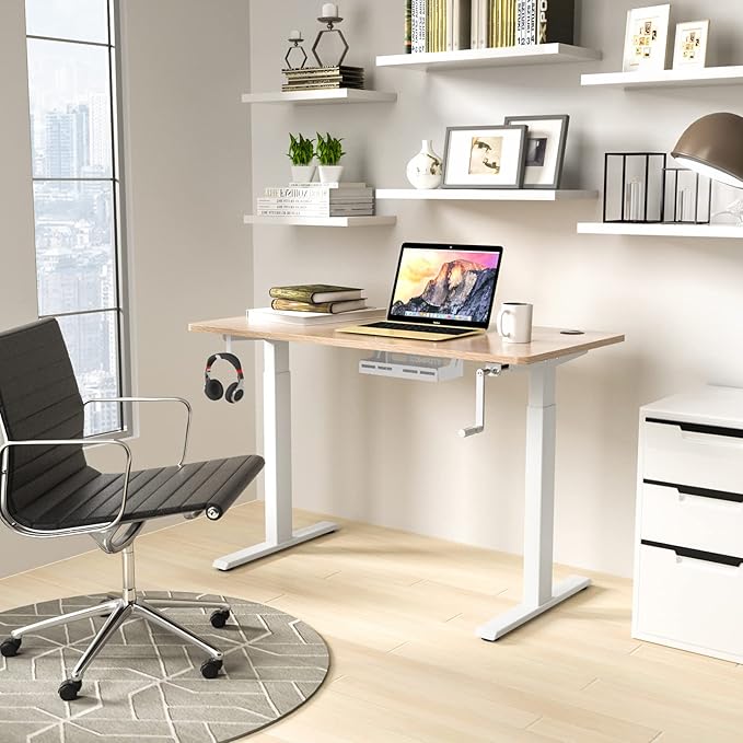 COSTWAY Crank Standing Desk Frame, Manual Hand Crank Workstation Base, Ergonomic Sit to Stand Base w/Foldable Crank Handle, Hook, Cable Management Rack (White)