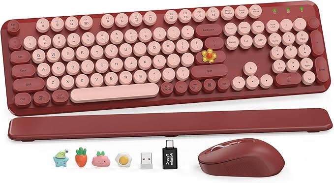 Wireless Keyboard and Mouse Combo, Wine Red Retro Typewriter-Style Keyboard with Round Keycaps and Magnetic Wrist Rest, 2.4G USB Wireless for Windows PC Laptop Desktop, Home Office School Essentials