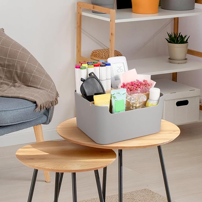 Segarty Gray Desk Storage Organizer, Detachable Divided Bamboo Remote Control Holder Caddy, Desktop Pen Pencil Holder Container Box for Office Supplies Home Bedside Table