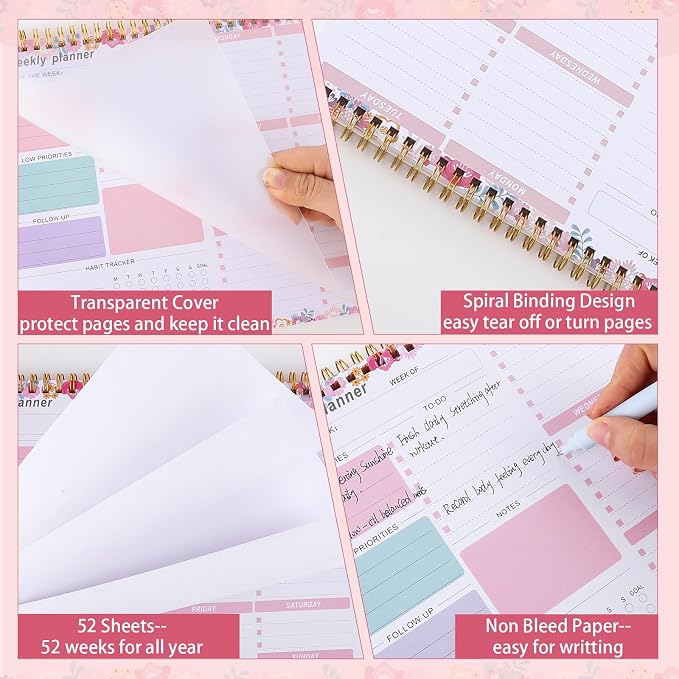 Weekly To Do List Notepad, 8.5''x11'' Weekly Desk Planners with 52 Tear Off Sheets Undated Planner Habit Tracker & Productivity Organizer for Home and Work, Floral