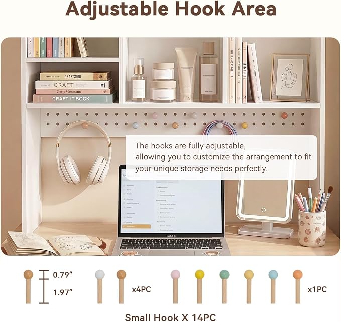 OOOK 35.8" L White Desk Hutch with Pegboard, Dorm Desk Organizer | Multipurpose Desktop Bookshelf for Dorm Office Home, 3-Tier Wooden Display Rack for Computer Desk
