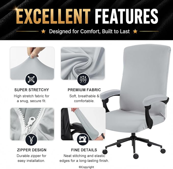 DIVA EN CAMINO DEC Stretch Computer Office Chair Cover with Armrest Covers Durable Zipper Universal Spandex Rotating Boss Chair Slipcovers Anti-dust Soft Desk Chair Seat Protector, Light Gray
