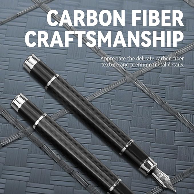 YUNCHUN Carbon Fiber Pen, Medium Nib Fountain Pen for Writing, Fancy Pen Set for Men, Nice Ink Pen with 5 Black & 5 Blue Ink Refills Cartridges, Professional Executive Pen for Work, Black
