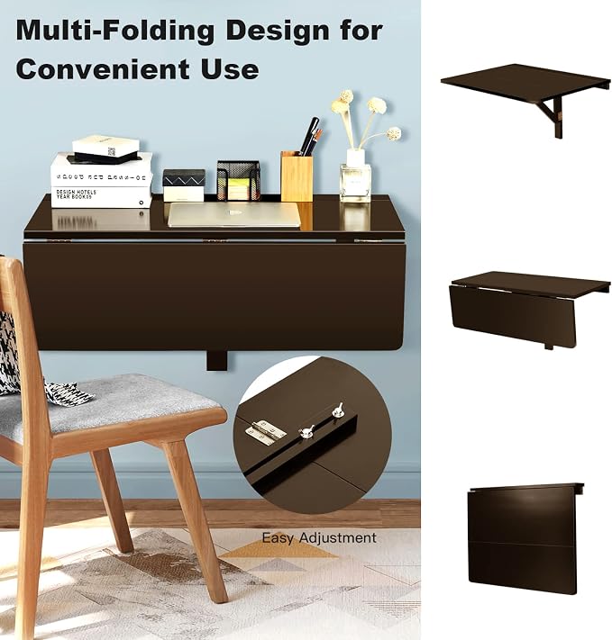 COSTWAY Wall Mounted Folding Table, 31.5" x 23.5" Drop-Leaf Floating Writing Desk for Small Spaces, Space-Saving Fold Down Laptop Workstation for Kitchen, Bedroom, Laundry Room, Study Room (Brown)