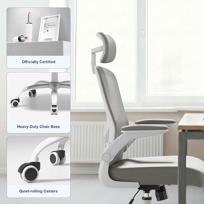 Ergonomic Chair for Office- Study Chair,300lb Gaming Chair, Mesh Comfortable High Back Chair, Headrest, Lumbar Support, Armrest, Comfy Seat for Man Woman(White-Grey6076)