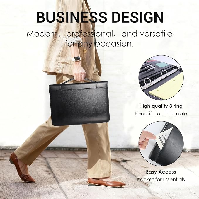 Faux Leather Portfolio with Handle – 3-Ring Padfolio Organizer for 13.9" Laptop/Tablet, A4 Legal Pad Holder, Multi-Pocket Business Folder for Work, Office & Meetings & Daily Commute (Black)