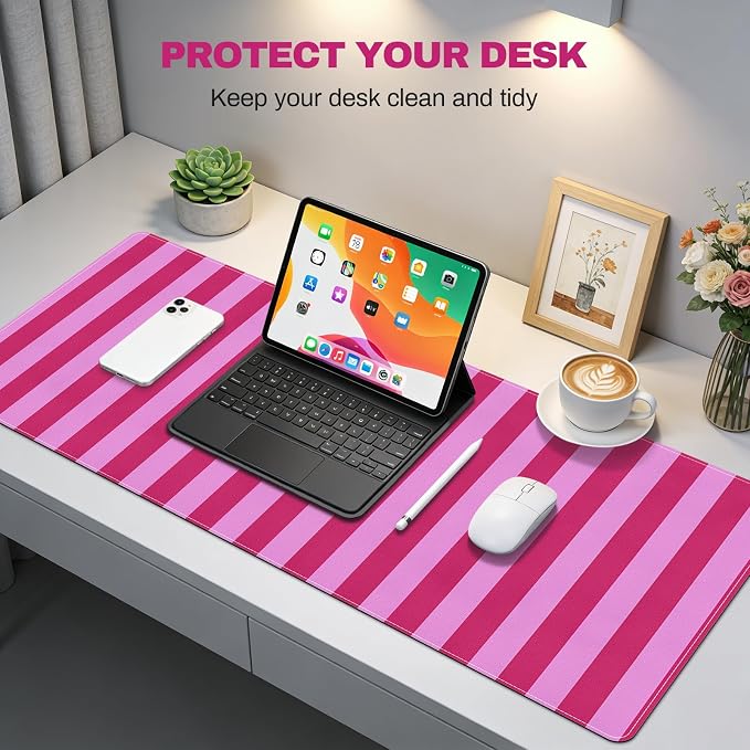 Desk Cover Mat, Big Mouse Pad for Laptop, Aesthetic Computer Pad with Non-Slip Rubber Base, Keyboard Mat for Desktop, Cute Hot Pink Striped Desk Protector for Office Home