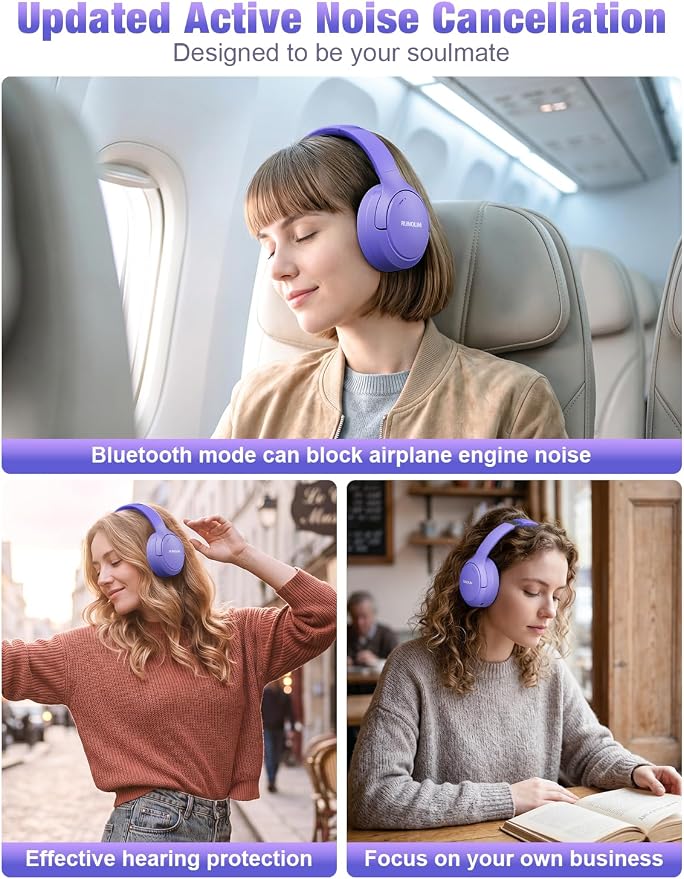 RUNOLIM Hybrid Active Noise Cancelling Headphones, Wireless Over Ear Bluetooth Headphones with Microphone, 100H Playtime, Foldable Headphone with HiFi Audio, Deep Bass for Home Travel Office（Purple）