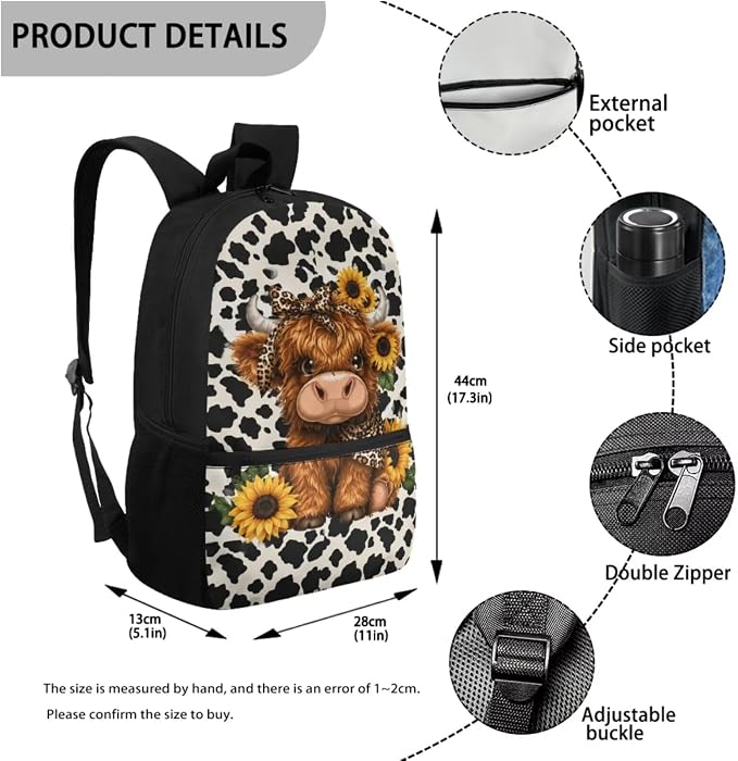 WELLFLYHOM Girls Highland Cow Elementary Backpack 4 Pcs Cow Print Book Bag | Kids Sunflower School Bag with Lunch Box Pencil Pouch Water Bottle Sleeve Daypack Set for School Sport Travel