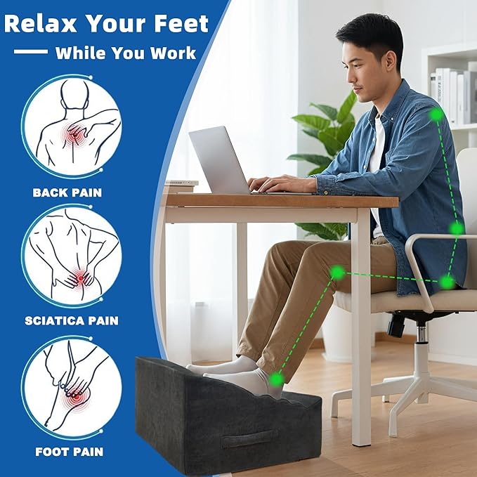 Foot Rest Under Desk, Ergonomic Foot Stool, Comfortable Office Footrest with Curved Design, with Washable Cover for Home and Office, Relieves Leg Pressure (Dark Gray)