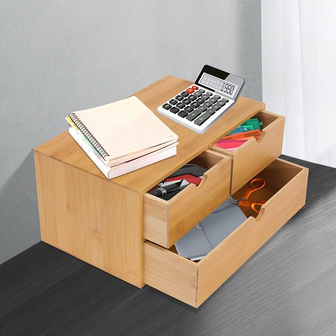 Desk Organizer, 12*7.48*7.87inch Bamboo Desk Organizer Tabletop Storage Organization Box Mini Tabletop Storage Box Countertop Drawers with Baffles for Cosmetics Collections (12.99*7.48*6.3inch)
