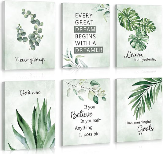 CHDITB Inspirational Plant Art Office Decor, Positive Affirmations Wall Decor, Botanical Canvas Motivational Framed Wall Art,Set Of 6(8x10 Inch) Eucalyptus Leaves Sage Poster For Classroom Home Decor