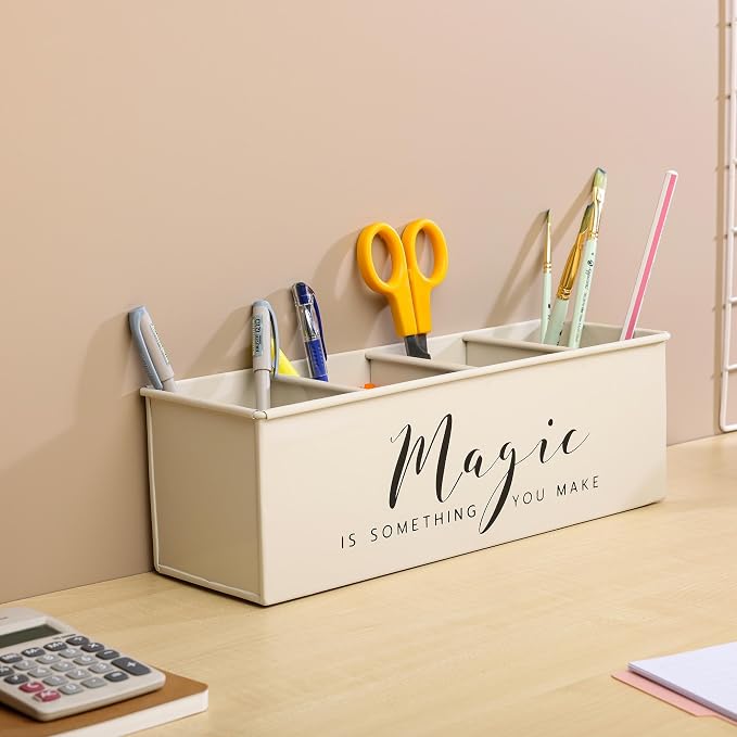 dudki Desk organizer with 4 compartments for office table | stylish Metal Desk Organizer | Stationary Storage | Pencil Holder for Office, Home, and Study Table (Magic) Beige