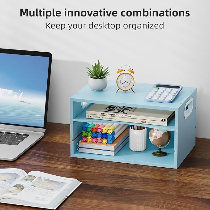 Marbrasse 3 Tier Wood Desk Organizer,Desk Paper Letter Tray Organizer，Blue | Wooden Desktop File Organizer with Handle and Paper Sorter Mail Holder for Office School & Home Supplies Organization