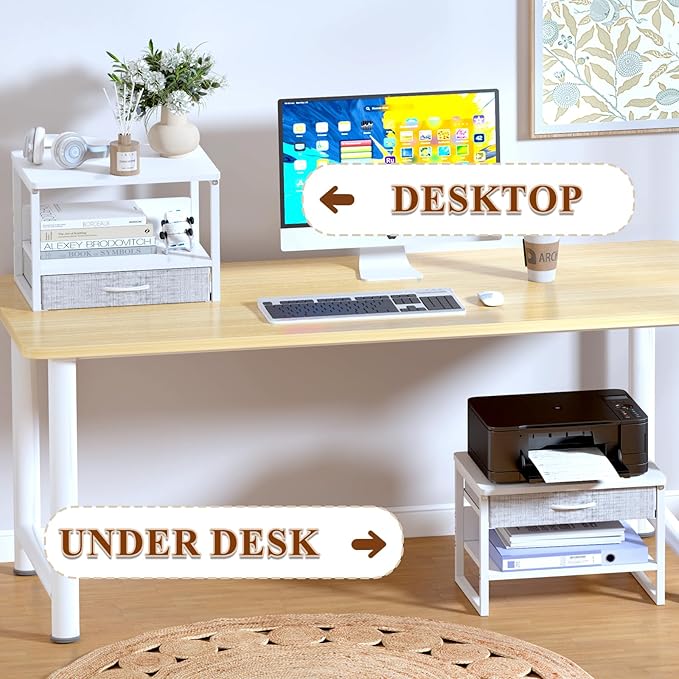 MARTY Desktop Printer Stand with Storage Drawer, Printer Riser for Desk | 2 Tier Printer Shelf, Small Printer Table for Home Office, for Fax Machine Copier Scanner, Desk Organizer, 17.1"x12.4", White