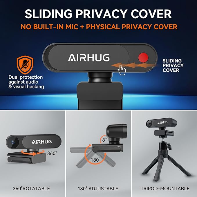 AIRHUG 4K UHD USB Webcam No Mic 16MP Sony Sensor, Privacy Cover for Secure Meetings - PDAF Fast Focus, 63° Gold FOV, Auto Light Correction, Streaming Camera (No Audio) for PC/Laptop/Desktop