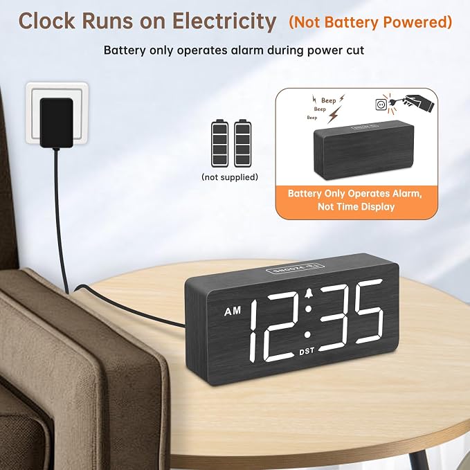 DreamSky Wooden Digital Alarm Clock for Bedroom with Large Numbers | Desk Clock for Living Room Office, Loud Alarm for Heavy Sleepers Adults, Volume Control, Dimmer, DST, Wood Decor (Plug-in)