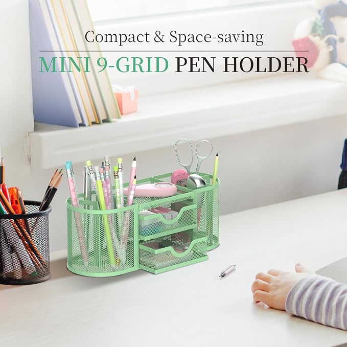 Mesh Desk Organizer, Desk Organizers and Accessories, Pen Holder with Drawers, Pencil Holder for Desk with 2 Drawer for Office Supplies, Mint Green