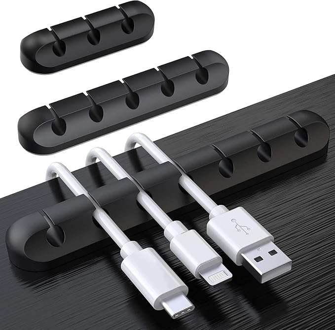 SOULWIT 3 Pcs Silicone USB Cable Holder Clips, Self Adhesive - Black | for Desktop Charging Cable, Nightstand, Mouse Cable Wire PC Office Home