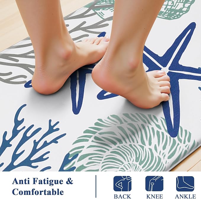 SHACOS Coastal Kitchen Rugs Set of 2, 17x27.5+17x47 inch | Summer Anti-Fatigue Kitchen Mats, White Cushioned Mats with Sea Themed Blue Starfish Shell Coral Tropical Fish