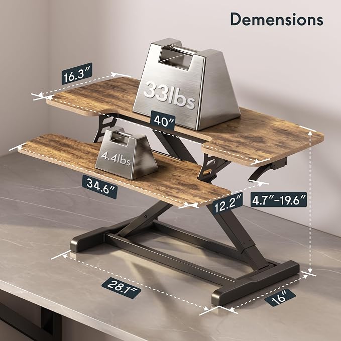 FLEXISPOT Standing Desk Converter 40" Wide Desk Riser for Multi-Device, Large Desktop Sit Stand Workstation for Dual Monitors, Ergonomic Height Adjustable Stand Up Desk Riser, Rustic Brown