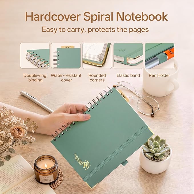 POPRUN Dotted Journal Spiral Notebook, A5 Bullet Dot Grid Journals for Women Men, 120 GSM Thick Paper, 141 Pages Hardcover Notebooks for Journaling, Drawing, Writing, 5.75'' x 8.25'' Midnight Green