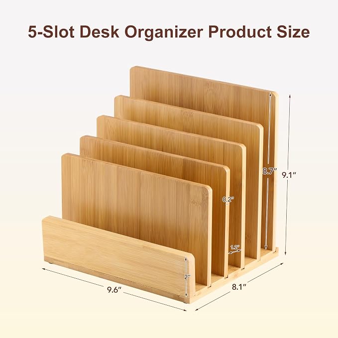 Bamboo Desk File Organizer, 5-Section Vertical Mail Sorter, Home Office Desktop Holder for Folders, Letters, Envelopes, Bills, Documents Storage