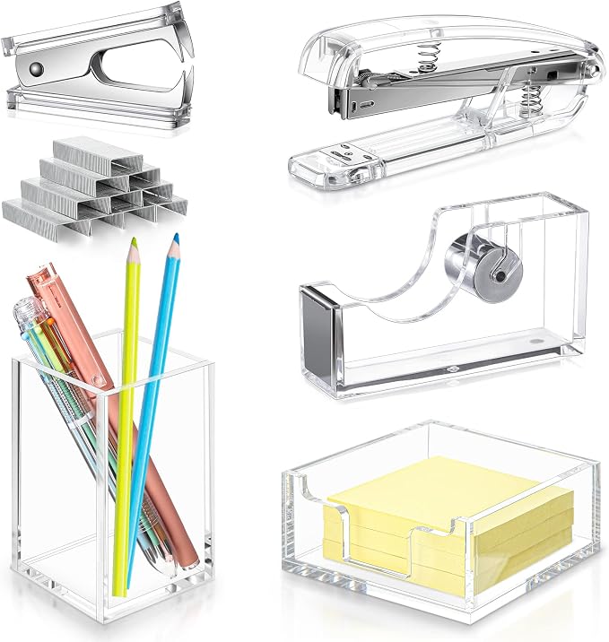 6 Pieces Clear Office Desk Accessories for Student Back to School Office Supplies Include Acrylic Tape Dispenser, Notepad Holder, Stapler, Pen Holder, Staple Remover for Student Teacher