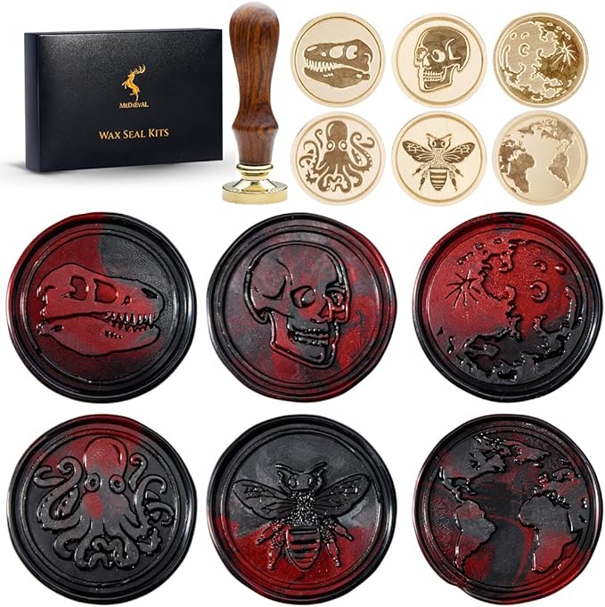 Wax Seal Stamp Kit, Set of 6 Sealing Wax Stamp with Brass Head Wooden Handle (Moon & Sun World Map Dinosaur Skeleton Bumblebee Octopus Design)