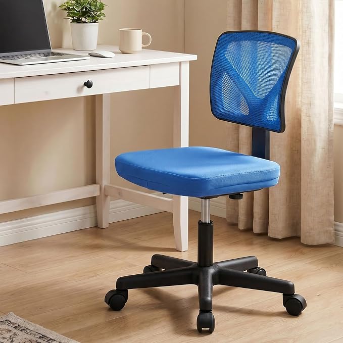 Sweetcrispy Ergonomic Low-Back Mesh Small Office Chair, Rolling Work Swivel Chairs with Wheels, Armless Comfortable Seat Lumbar Support for Home, Bedroom, Study, Student, Adults, Blue