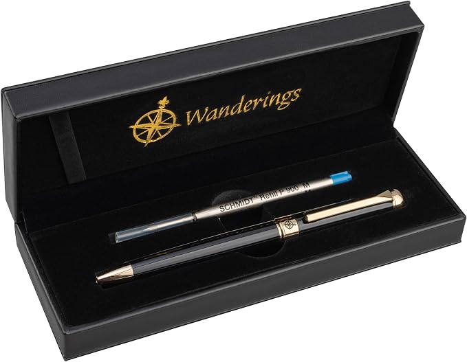 WANDERINGS Premium Ballpoint Pen with German Ink – Perfectly Balanced Executive Pen with 24K Gold Plated – Piano Black - Includes a Schmidt Refill in a Giftable Presentation Case for Men or Women