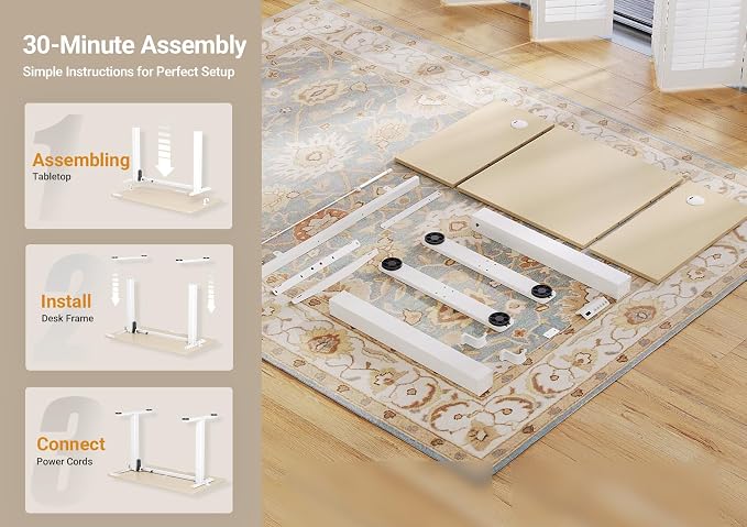 Seang Electric Height Adjustable Standing Desk, 48 x 24 Inch Sit-Stand Workstation with T-Style Frame, 3 Memory Height Options & Built-in Cable Management for Home Office, White Frame/Nature Top