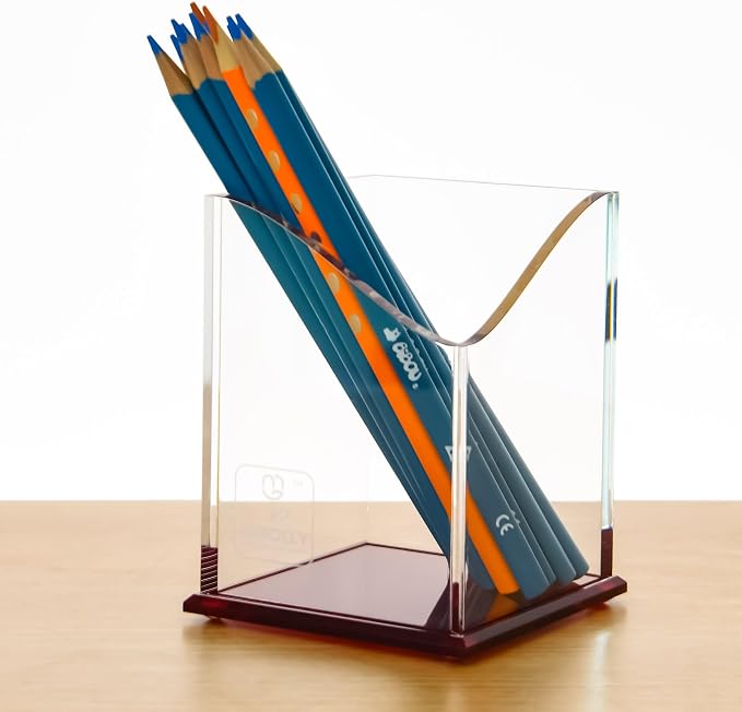 Red Acrylic Pencil Pen Holder Cup, Desk Accessories Holder,Makeup Brush Storage Organizer, Modern Design Desktop Stationery Organizer for Office School Home Supplies, 3.1x 3.1x 4.3 inch