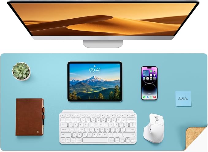 Aothia Double-Sided Desk Pad – 37.8"x17" Leather Desk Mat with Eco Cork Protector, Large Mouse Pad, Waterproof Desk Blotter for Office/Home (Blue Topaz)