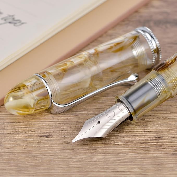 Asvine V800 Fountain Pen -Vacuum Filling System with Large Ink Capacity-Number 8 Stub Nib 1.1mm Calligraphy Art Drawing with Wrench Gift Set- Brown White Acrylic