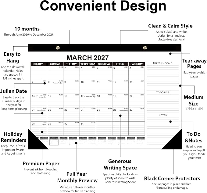 GuassLee Desk Calendar 2026, 3 Packs, 19 Months Calendar 17" × 11.5" Desk Calendar from Jun. 2026 to Dec. 2027 with Julian Date, To-do List, Notes, Monthly Goals, for Home School Office