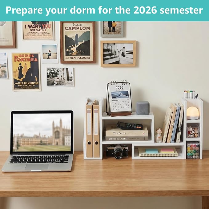 Desktop Shelf Desk Organizer File Holder - Dorm College Desk Bookshelf, Adjustable White Wood Shelving, Small Countertop Bookcase for Office Supplies, Student Study Desk & Home Organization Rack