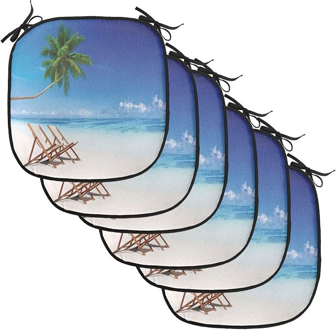 Lunarable Coastal Chair Cushion Pads Set of 6, Havana Paradise Beach Exotic Travel Locations in The Morning Tropical Climate, Anti-Slip Seat Padding for Kitchen & Patio, 16"x16", Blue Brown White