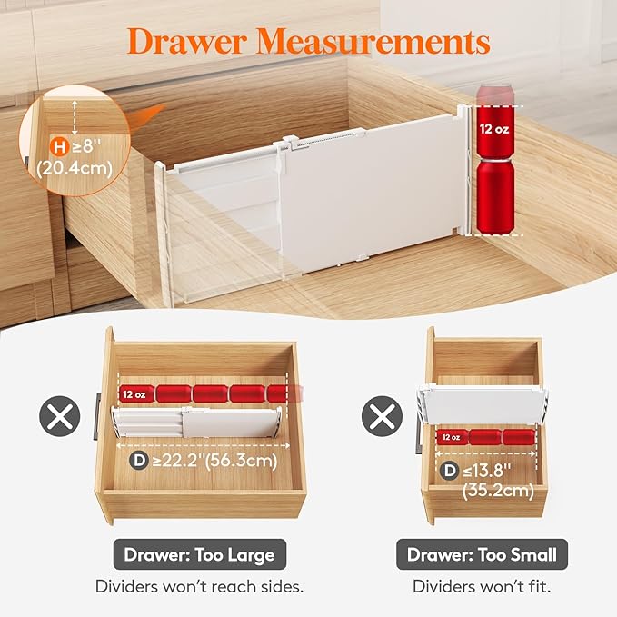 Lifewit 8" Tall 6 Pack Drawer Dividers, 13.8"-22.2" Adjustable Deep Drawer Organizer Clothes, Expandable White Plastic Separators for Dresser, Kitchen, Cabinet, Closet, Office Organization & Storage