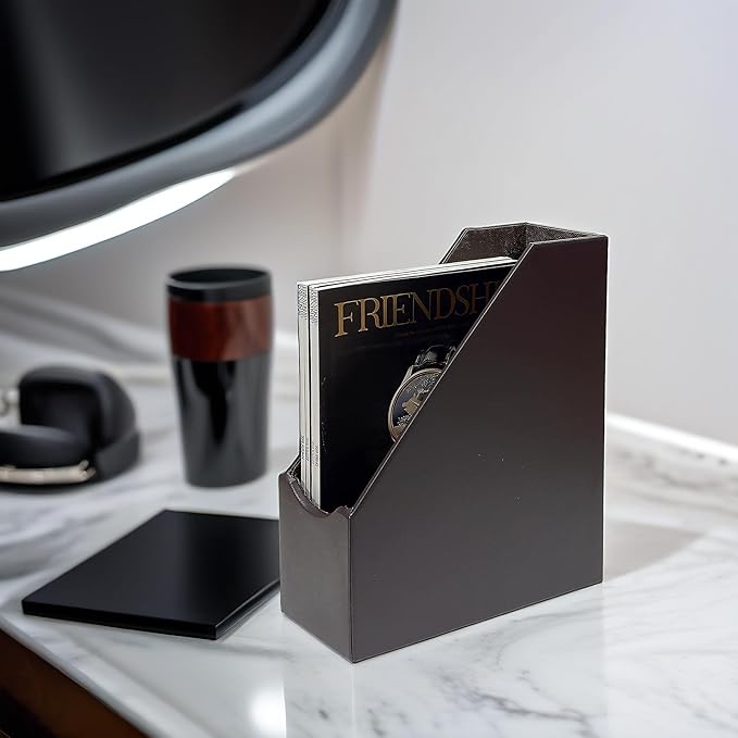 UnionBasic Magazine File Holder, Leatherette Desktop Document Organizer, Home Office Paper Holder File Storage Literature Sorter, Coffee