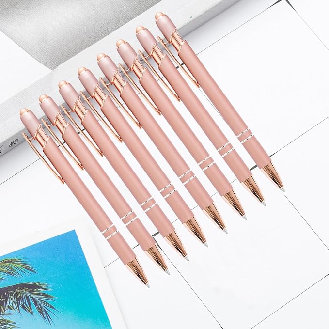 PASISIBICK 8 Pack Rose Gold Ballpoint Pen 2-in-1 Stylus Retractable Metal Stylus Pen for Touch Screens with Stylus tip, 1.0 mm Black Ink（8 PCS Rose Gold）