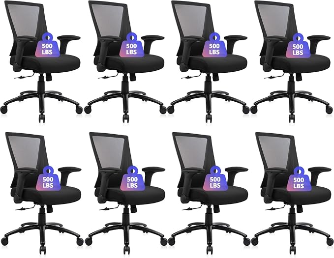 CLATINA 500lbs Big and Tall Office Chair Heavy Duty Ergonomic Mesh Desk Chairs with Wide Thick Seat Cushion and Adjustable Armrests for Home Office Conference Heavy People, Black(8 Pack)