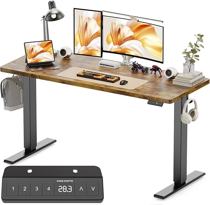 WALKINGDESK 55x24 Inches Height Adjustable Electric Standing Desk with 2 Hooks for Home Office, Ergonomic Sit Stand up Desk with Splice Board, Rustic Brown