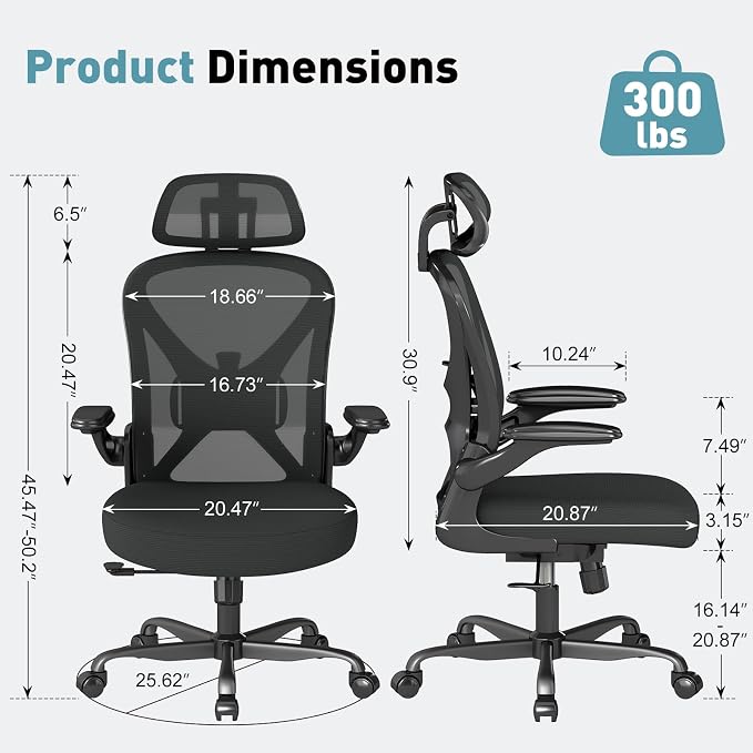 Ergonomic Office Chair with Adjustable Lumbar Support and Headrest, 300 lbs Swivel Desk Chair with Flip-Up Arms, Mesh Comfy Padded Seat for Computer and Home, Black