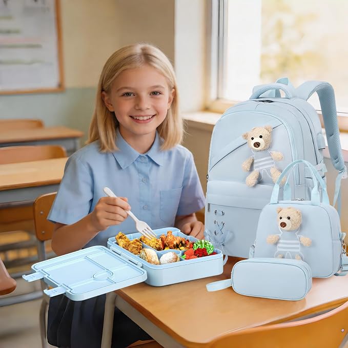ACESAK Backpack for Girls with Bento Box - 4 PCS Cute Girls Backpack with Lunch Box, Pencil Case & Bento Box Set - 43oz Leakproof Lunch Box Kids Snack Containers Set Back to School Supplies (Blue)