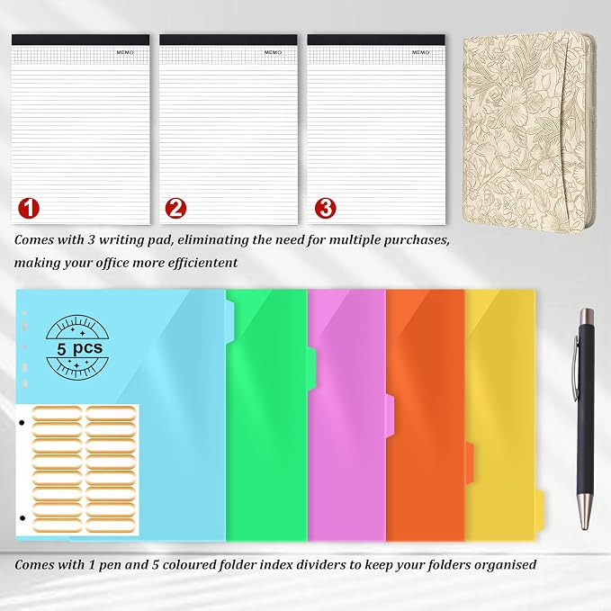 Leathario Portfolio Binder, Includes 5 Folder Index Dividers and 3 Notepads, 3-Ring Folder Organizer, Padfolio with Zipper, Vegan Leather Tablet Sleeve, Business Office Conference Clipboards