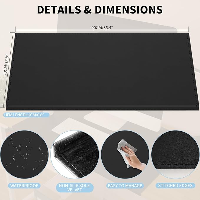 AKOZLIN Non-Slip 35.4"x 15.8" Soft PU Leather Surface Office Desk Mouse Mat Pad with Full Grip Fixation Lip Table Blotter Edge-Locked Protector